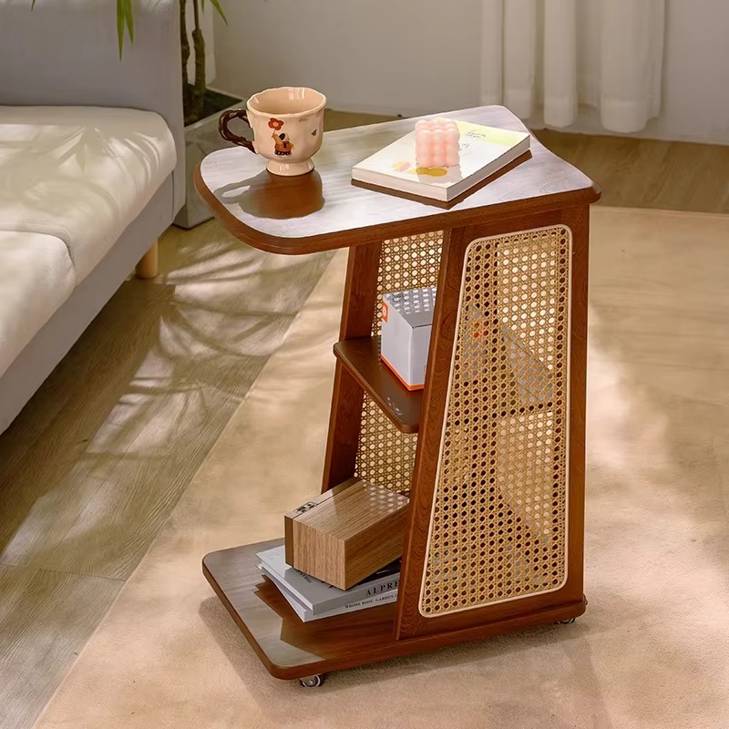 Coffee Or Tea Please - モダンスタイル無垢材サイドテーブル、小型コーヒー/ティーテーブル、収納ラック付き、屋内家庭用家具