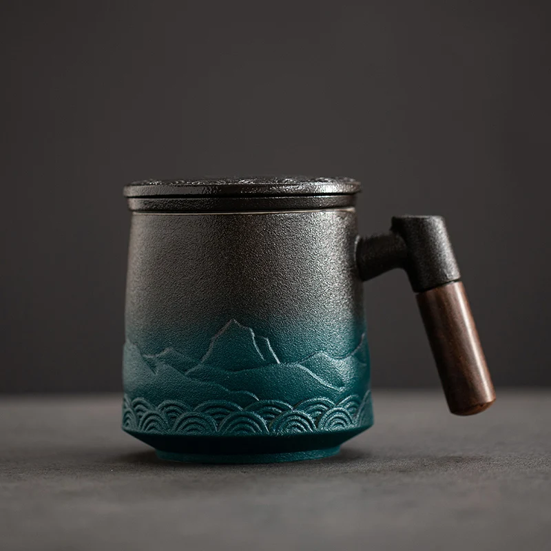 Coffee Tea Japan - ふた付きセラミックティーカップ,大型コーヒーカップ,オフィス,お茶,水,日本のヴィンテージスタイル,オリジナル,木製ハンドル付きギフト