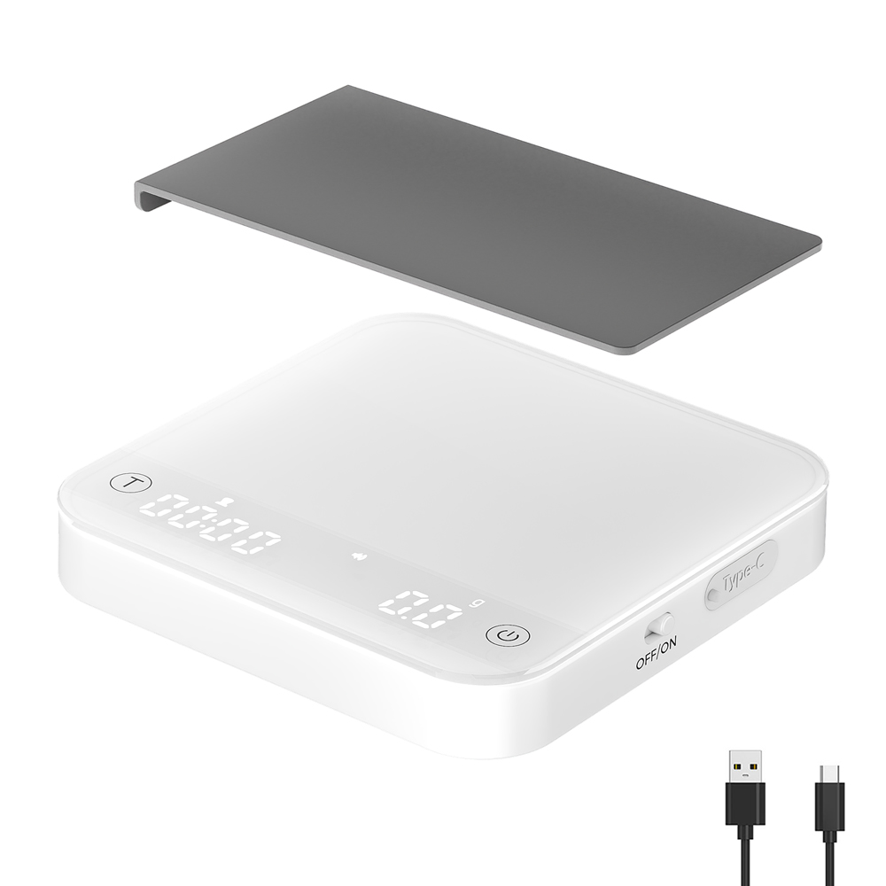 Coffee & Tea Garden Lincoln Menu - ポータブルコーヒースケール 0.1g精度 0.3g-2000g、流量＆比率モード、7時間バッテリー Type-C、強化ガラス、白＆黒