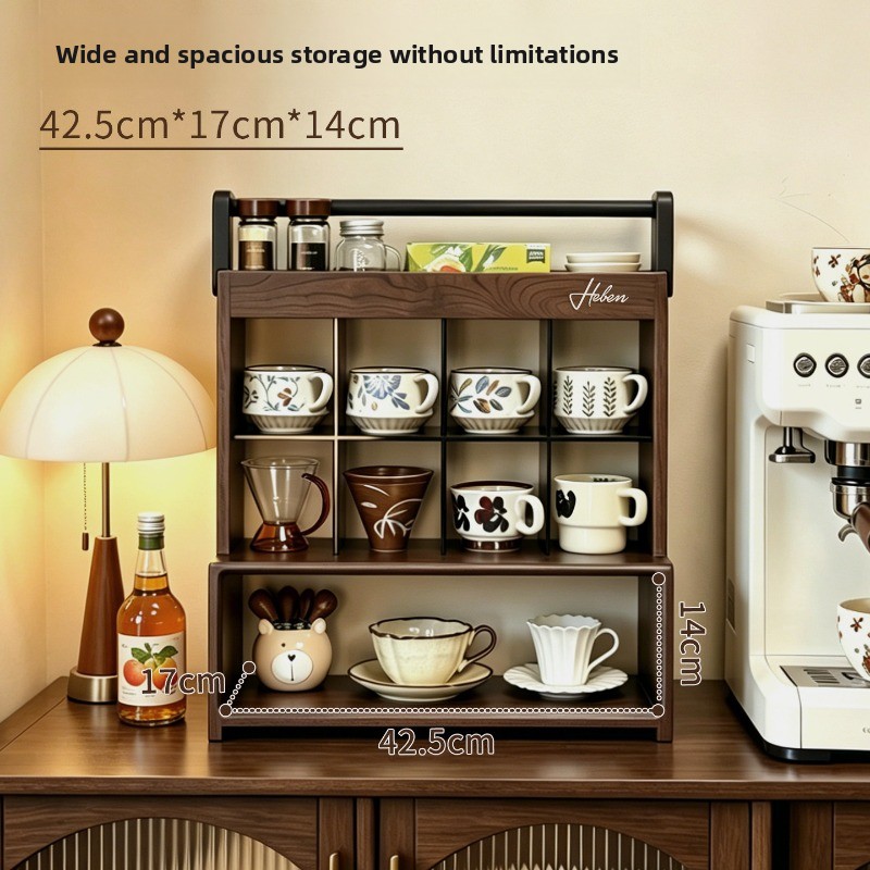Coffee Tea Unit - 無垢材製コーヒーカップ用ディスプレイラック 多層式ティーセット用棚 ヴィンテージ風キュリオオーガナイザー 省スペースキッチンシェルフ