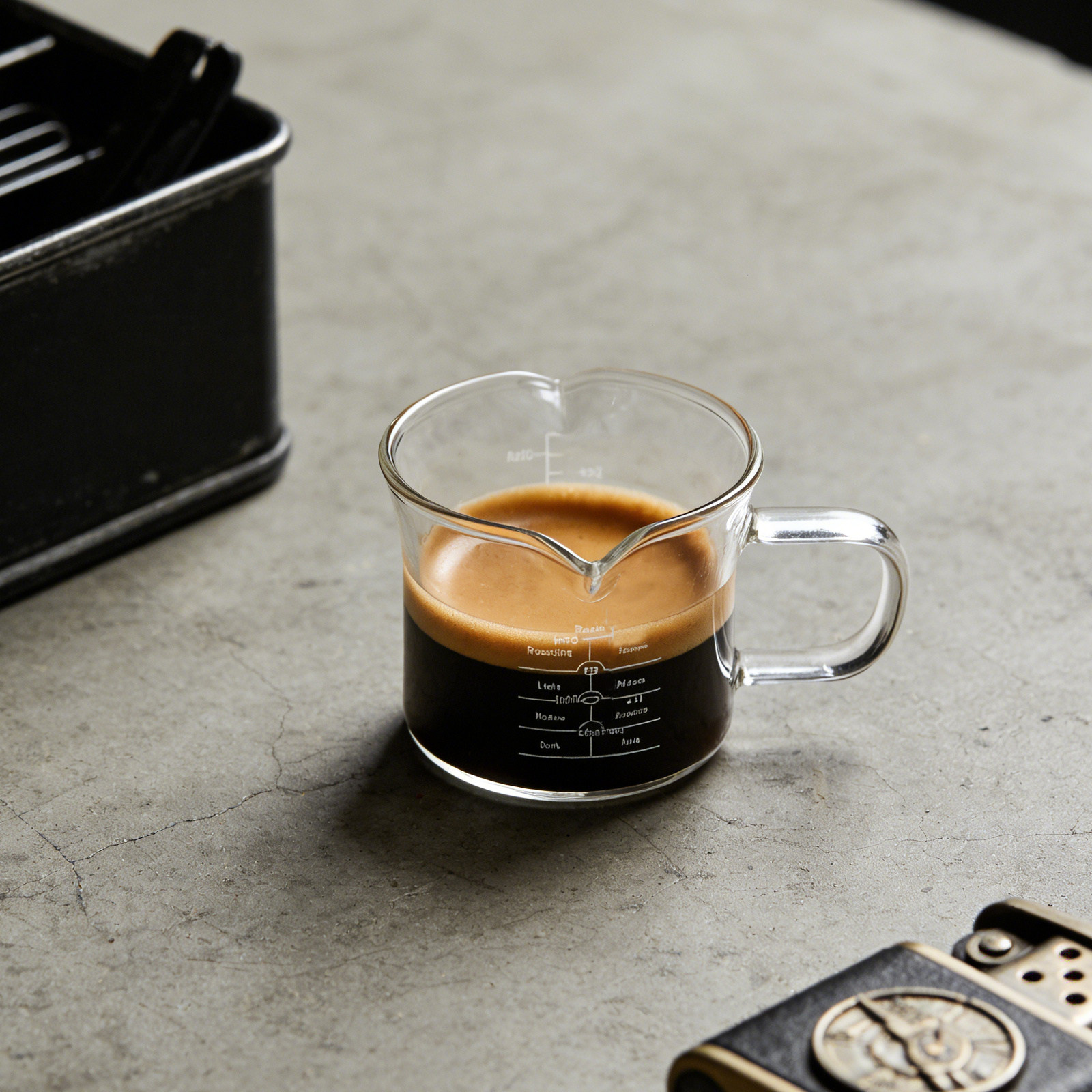 Coffee And Tea Glass - 二重注ぎ口付きのガラス製計量カップ 100ml。エスプレッソ用ミルクピッチャー、コーヒーミルククリーム用、紅茶用。透明度が高く、中身がはっきり見える。