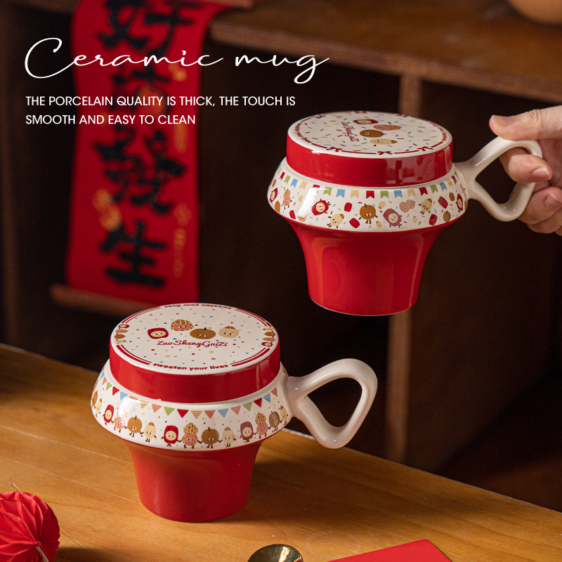 クリエイティブなセラミック製コーヒーカップ（蓋付き、赤色）朝 - Coffee Or Tea Please のレビューと価格
