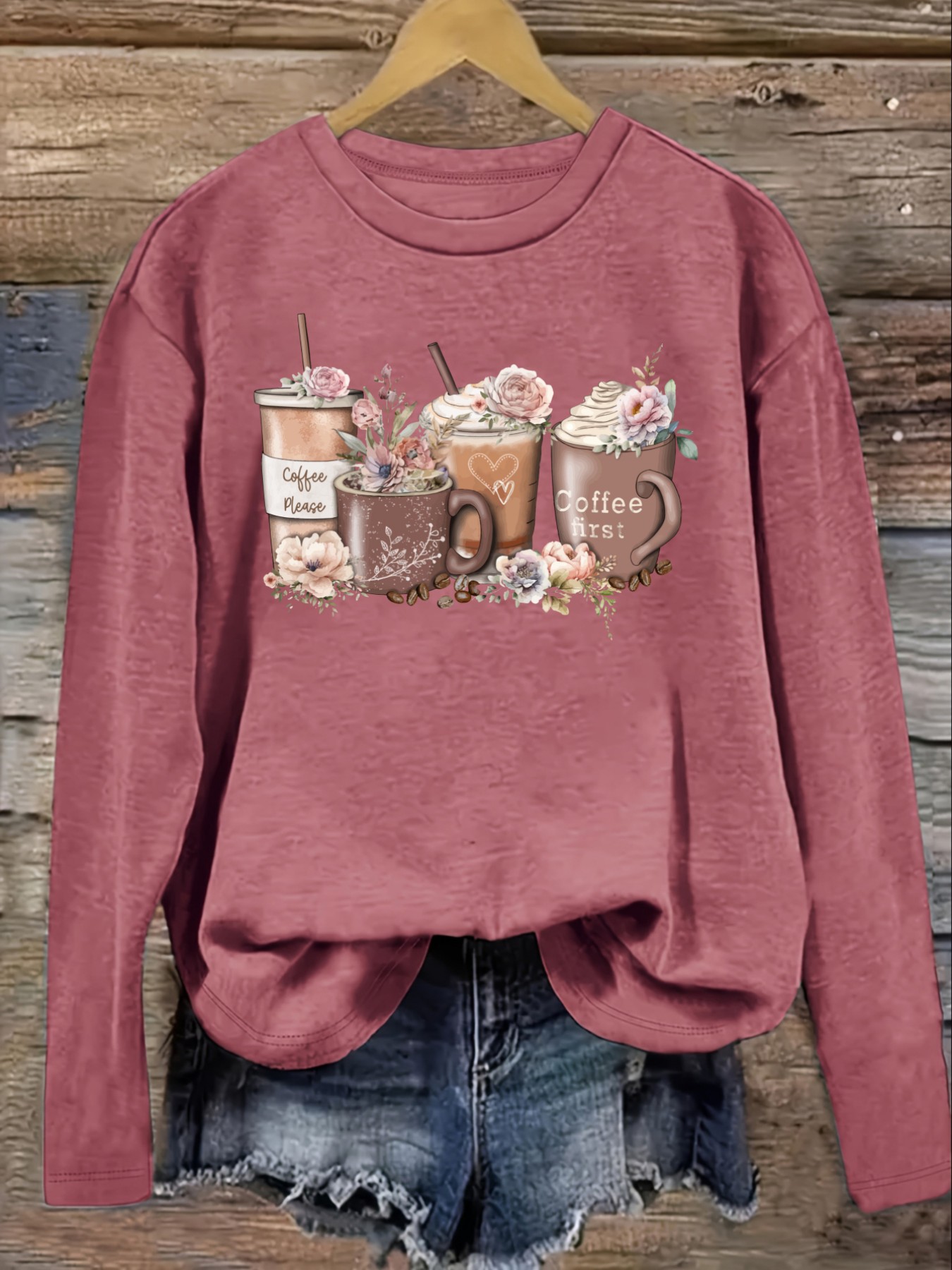 レディースカジュアル長袖クルーネックTシャツ、コーヒーカップ - Coffee & Tea Garden Lincoln Menu のレビューと価格