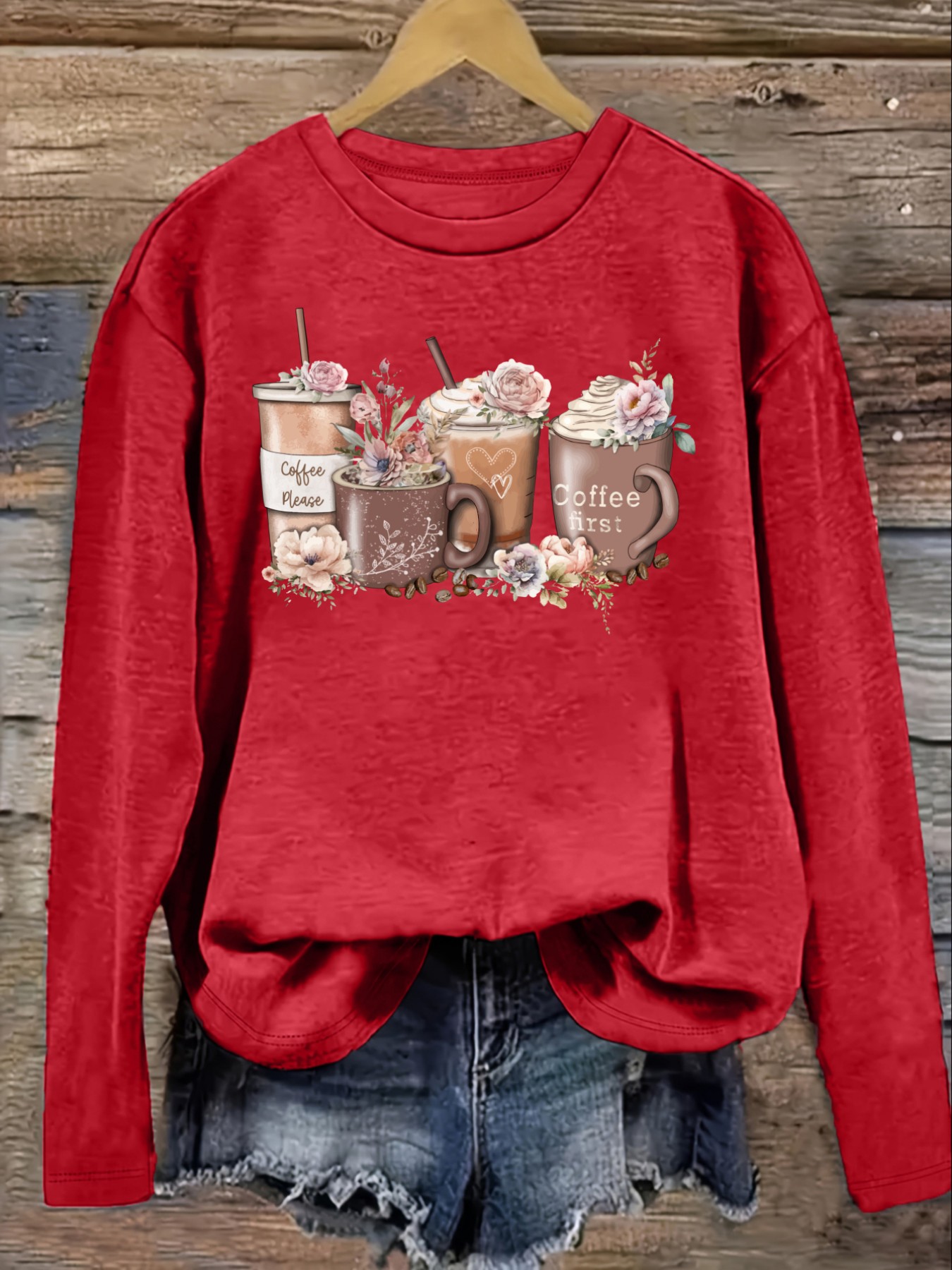 レディースカジュアル長袖クルーネックTシャツ、コーヒーカップ - Coffee & Tea Garden Lincoln Menu のレビューと価格